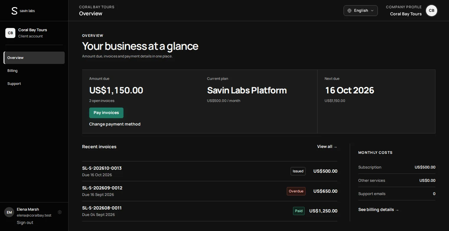 Client portal overview with plan, open amount and invoices