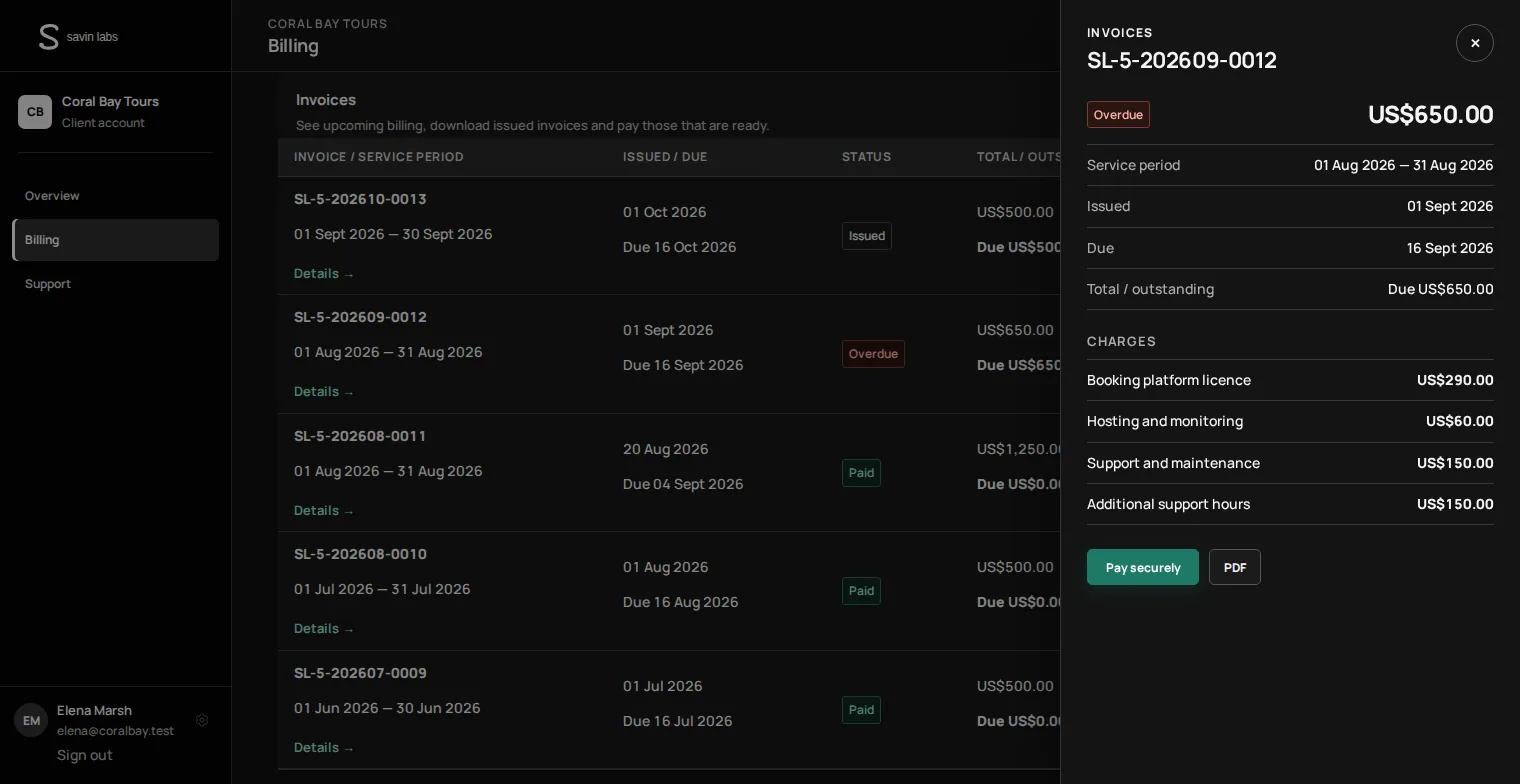 Invoice side panel with lines, dates and payment